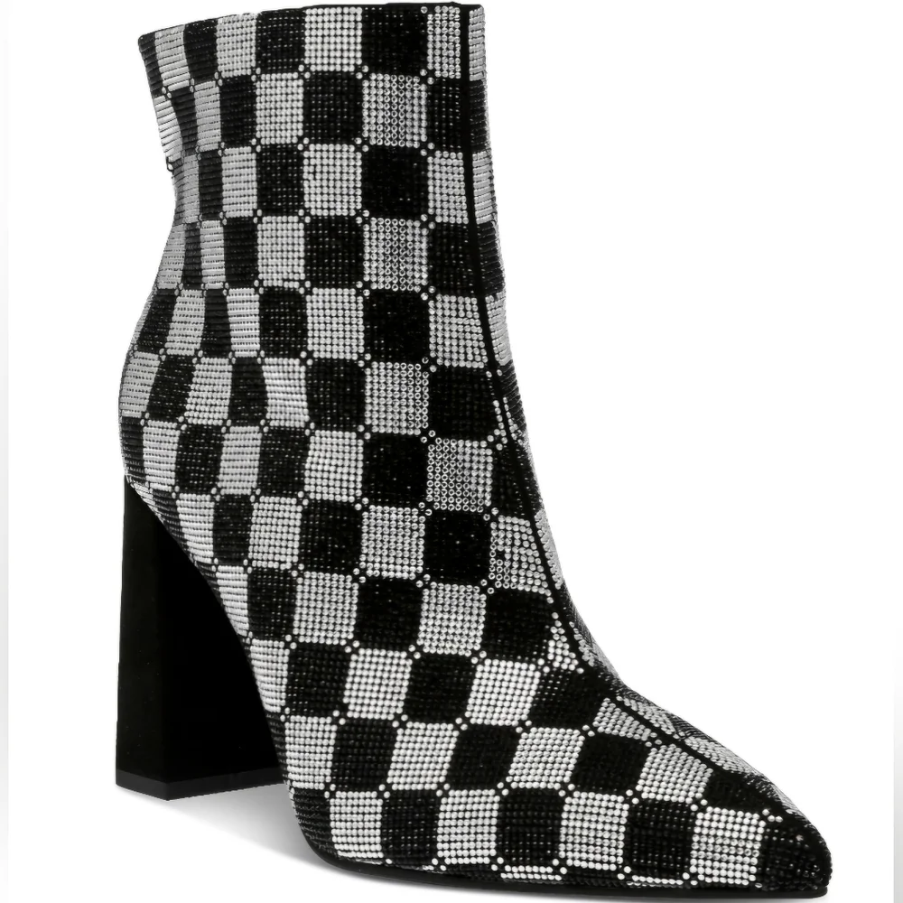 Wild Pair Ingridd Pointed Toe Bling Dress Booties, 7.5M- Black/White Checker - Picture 1 of 9